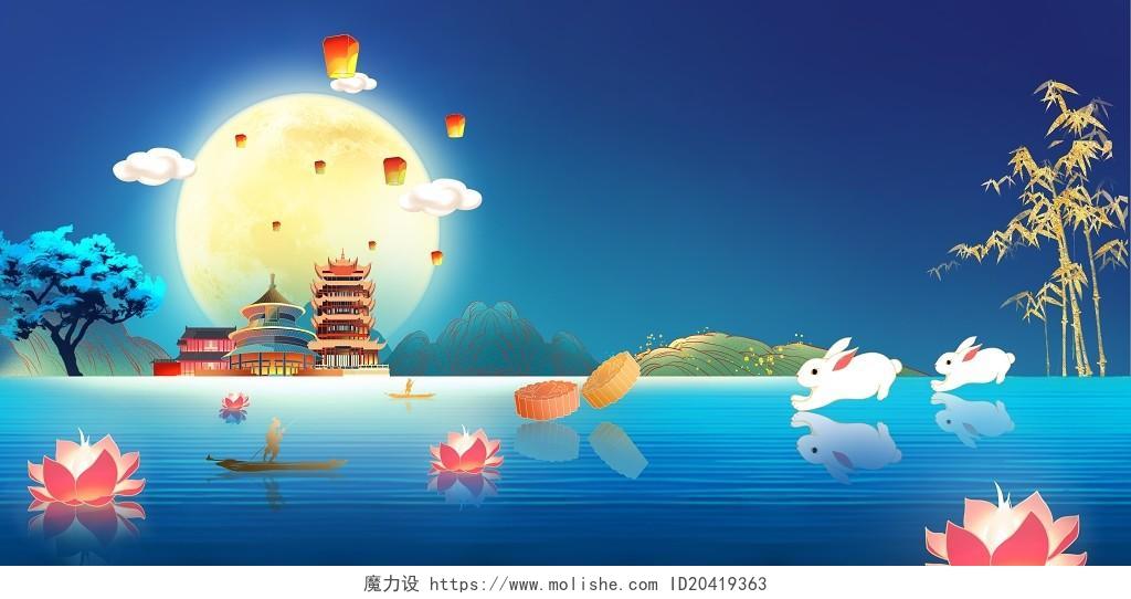 中秋建筑玉兔远景中秋节插画素材背景